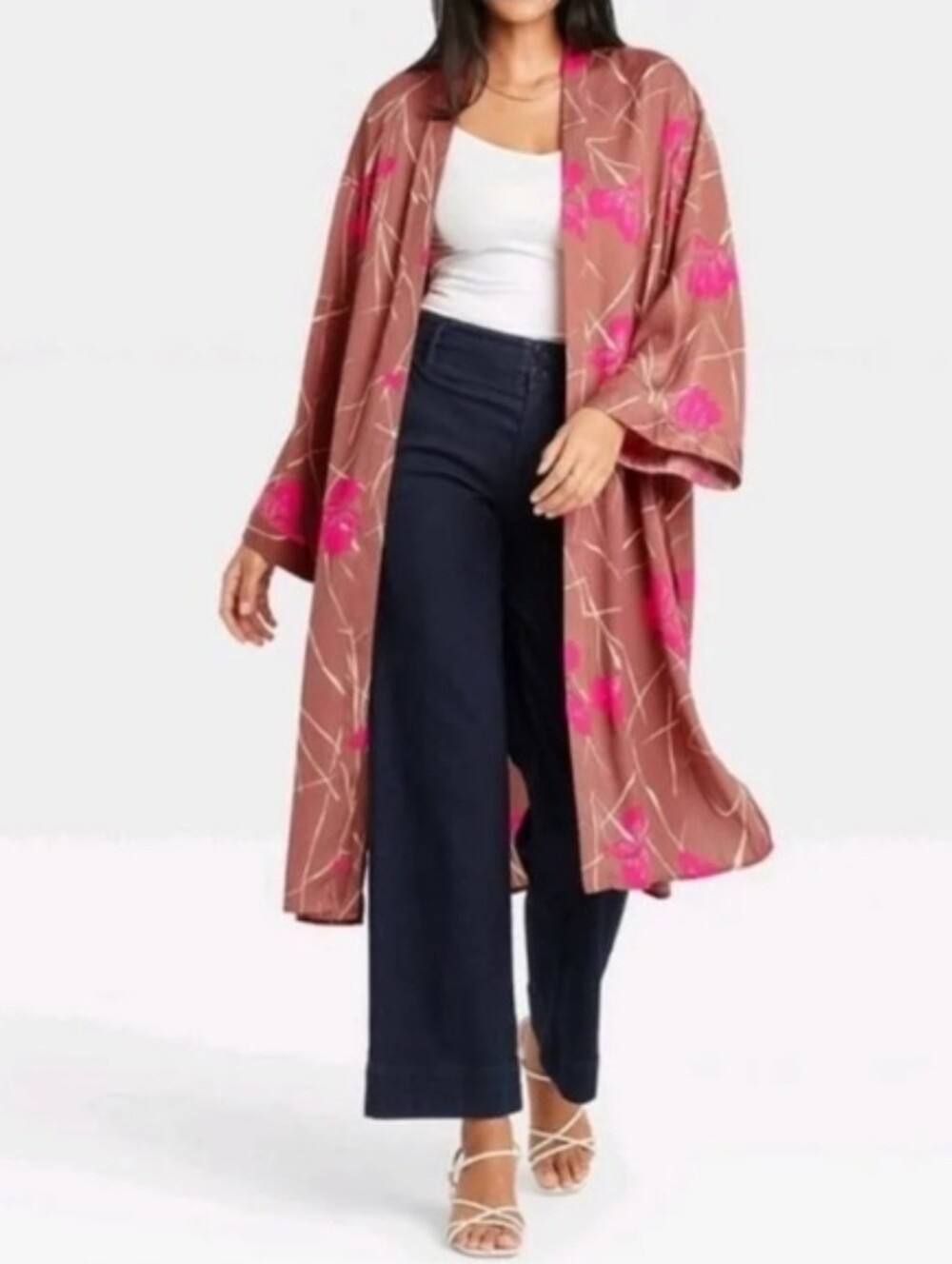 A New Day Whimiscal Brown Pink Lightweight Floral Print Romantic BOHO Kimono OS